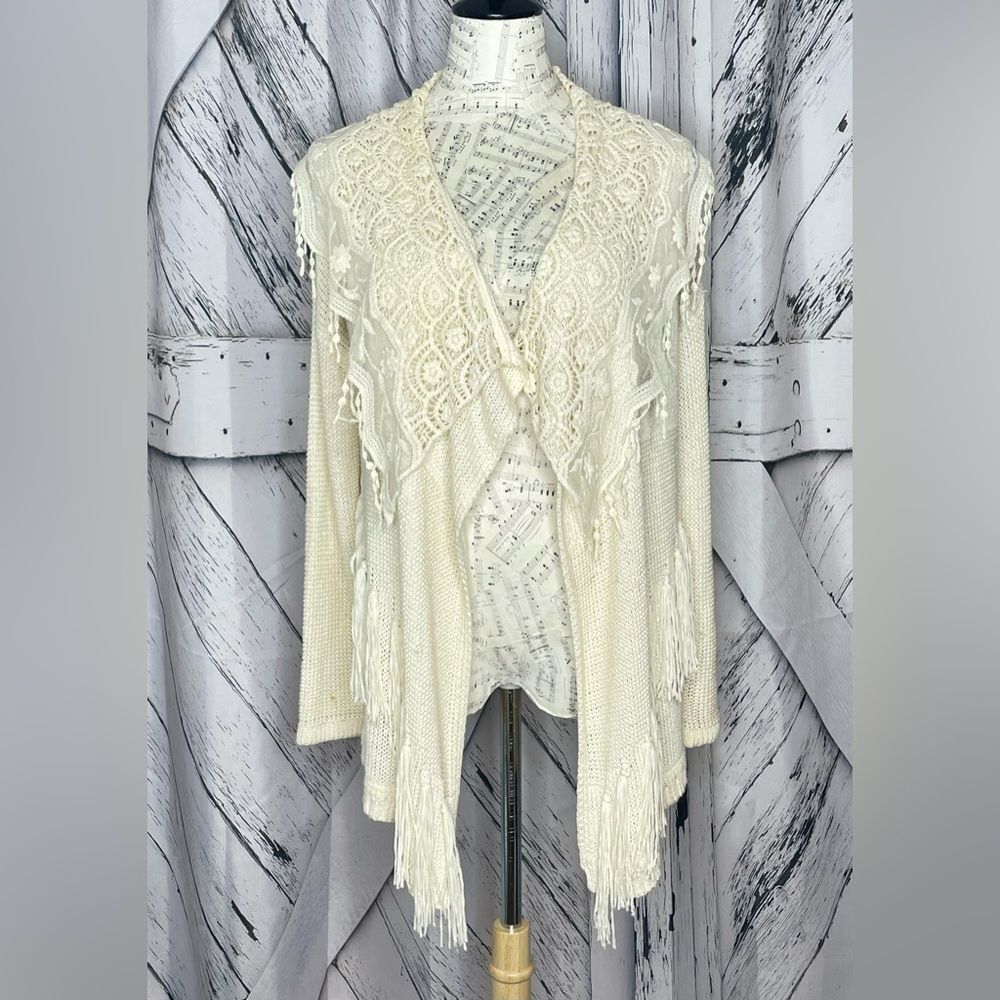 Double Zero Boho Cream Crochet Lace Fringe Cardigan S